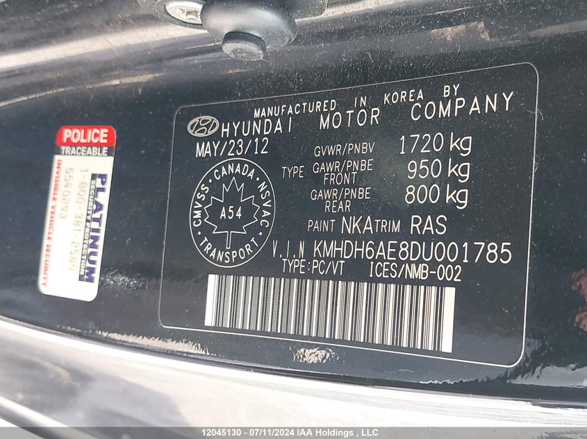 2013 Hyundai Elantra Gls VIN: KMHDH6AE8DU001785 Lot: 12045130