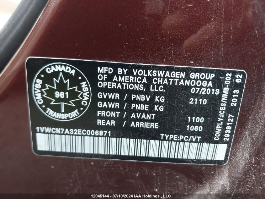 2014 Volkswagen Passat VIN: 1VWCN7A32EC006871 Lot: 12045144