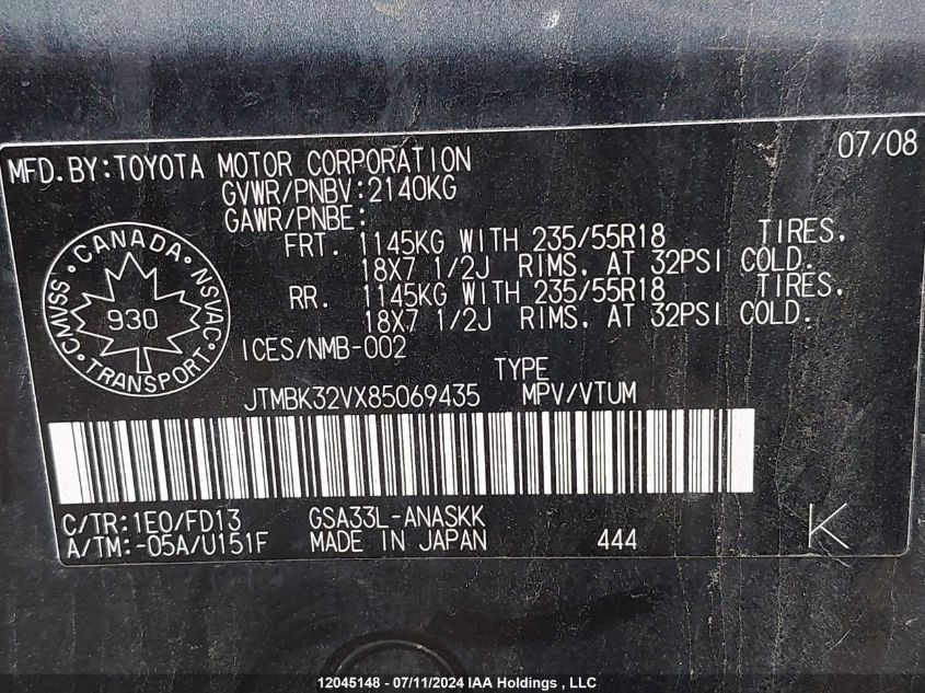 2008 Toyota Rav4 Sport V6 VIN: JTMBK32VX85069435 Lot: 12045148