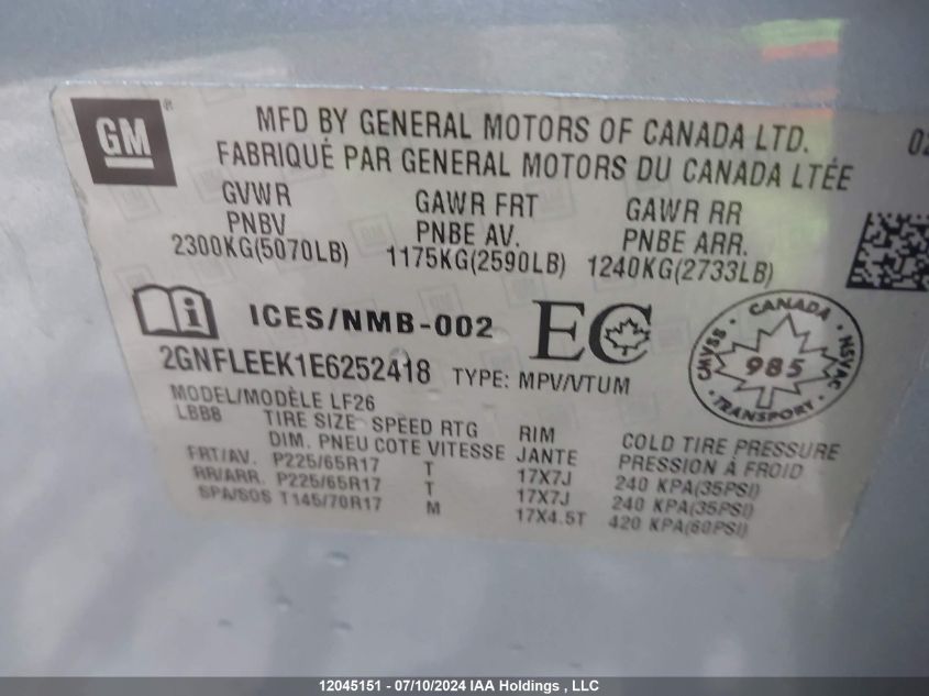 2014 Chevrolet Equinox VIN: 2GNFLEEK1E6252418 Lot: 12045151