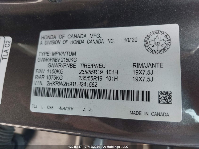 2020 Honda Cr-V VIN: 2HKRW2H91LH241562 Lot: 12045157