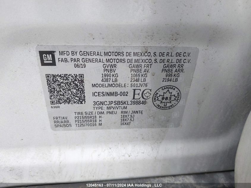 2019 Chevrolet Trax VIN: 3GNCJPSB5KL398840 Lot: 12045163