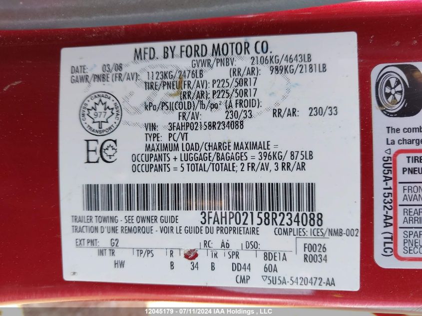 2008 Ford Fusion Sel VIN: 3FAHP02158R234088 Lot: 12045179