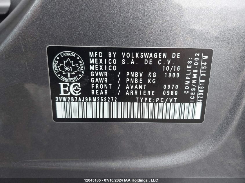 2017 Volkswagen Jetta S VIN: 3VW2B7AJ9HM259272 Lot: 12045185