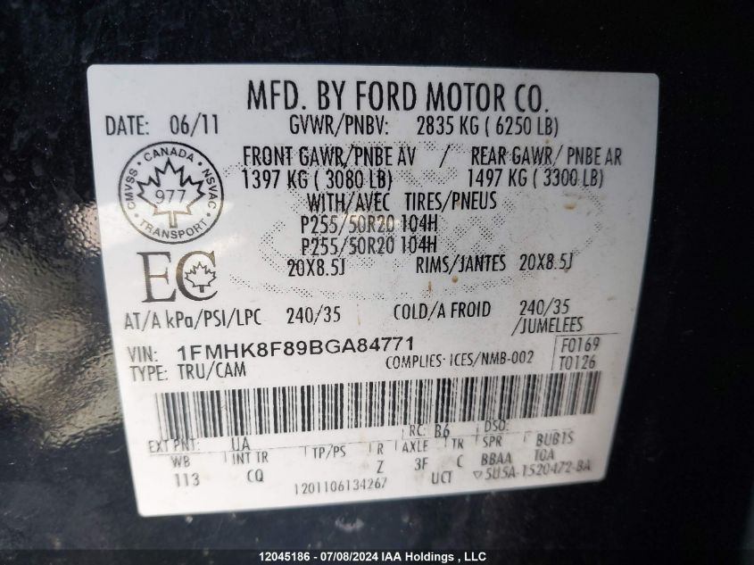 2011 Ford Explorer Limited VIN: 1FMHK8F89BGA84771 Lot: 12045186