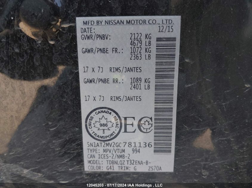 2016 Nissan Rogue VIN: 5N1AT2MV2GC781136 Lot: 12045203