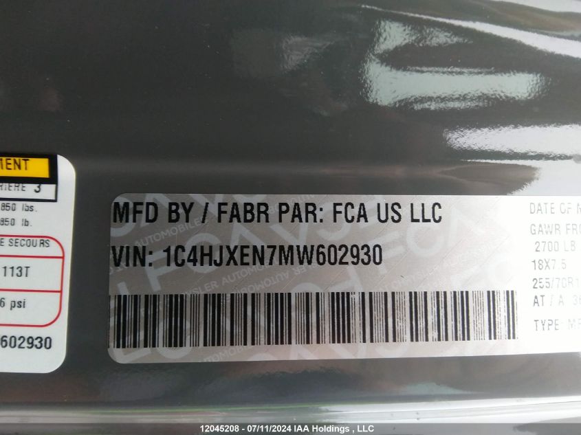 2021 Jeep Wrangler Unlimited Sahara VIN: 1C4HJXEN7MW602930 Lot: 12045208