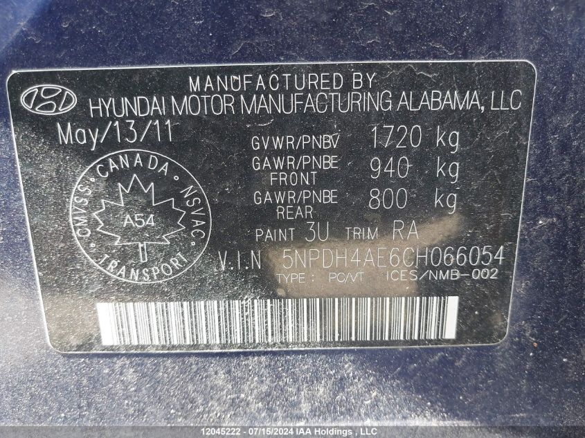 2012 Hyundai Elantra Gls VIN: 5NPDH4AE6CH066054 Lot: 12045222