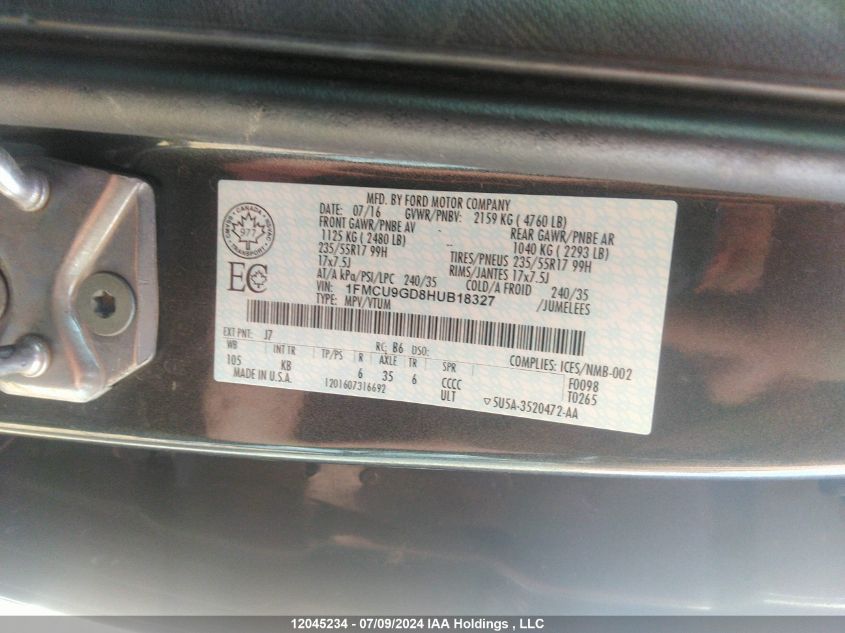 2017 Ford Escape Se VIN: 1FMCU9GD8HUB18327 Lot: 12045234