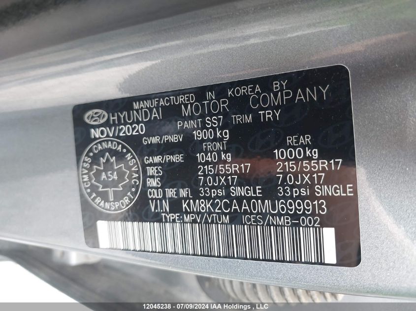 2021 Hyundai Kona Sel VIN: KM8K2CAA0MU699913 Lot: 12045238