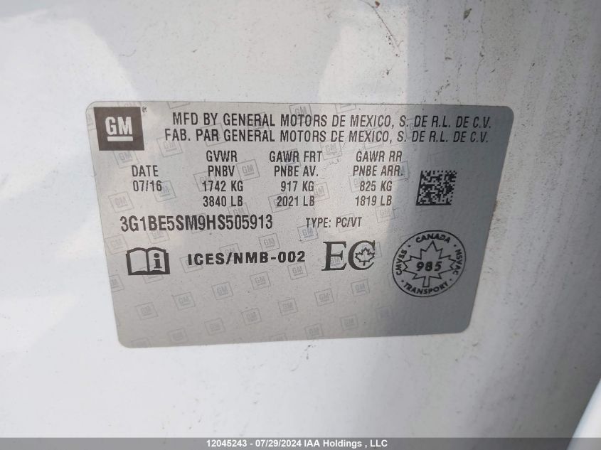2017 Chevrolet Cruze VIN: 3G1BE5SM9HS505913 Lot: 12045243