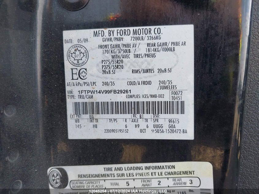 2009 Ford F150 Supercrew VIN: 1FTPW14V99FB29261 Lot: 12045254