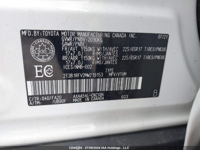 2021 Toyota Rav4 Le VIN: 2T3B1RFV2MW219153 Lot: 12045255