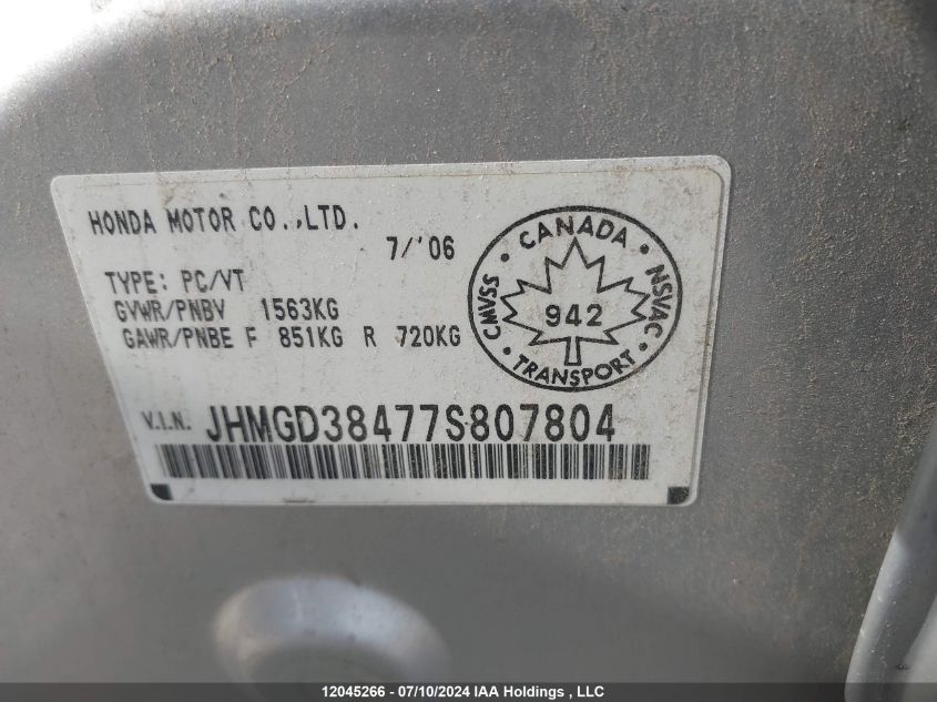 2007 Honda Fit VIN: JHMGD38477S807804 Lot: 12045266