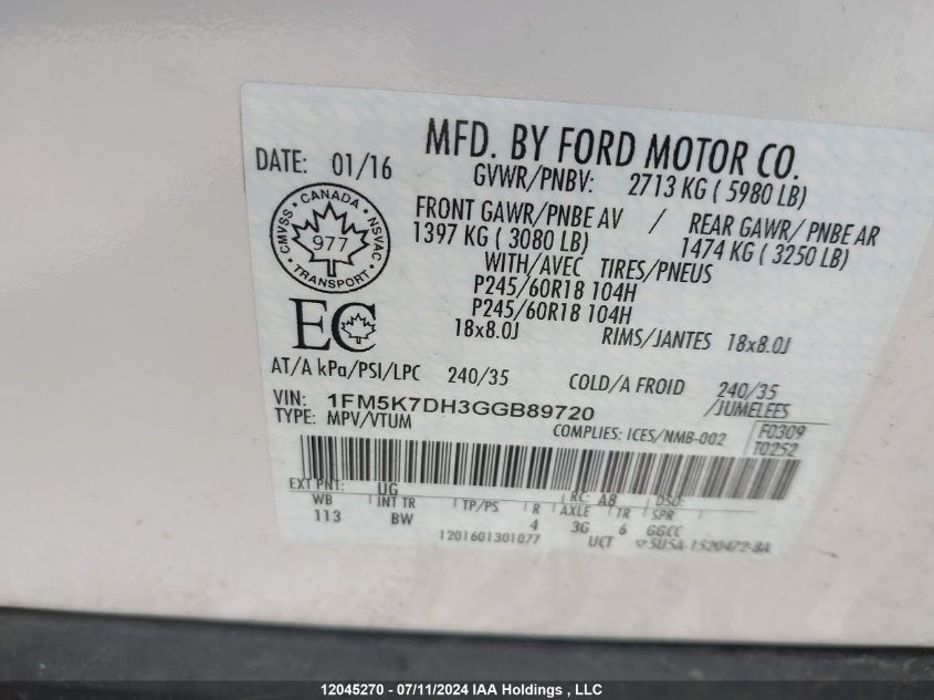 2016 Ford Explorer Xlt VIN: 1FM5K7DH3GGB89720 Lot: 12045270