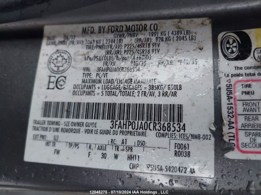 2012 Ford Fusion Sel VIN: 3FAHP0JA0CR368534 Lot: 12045275