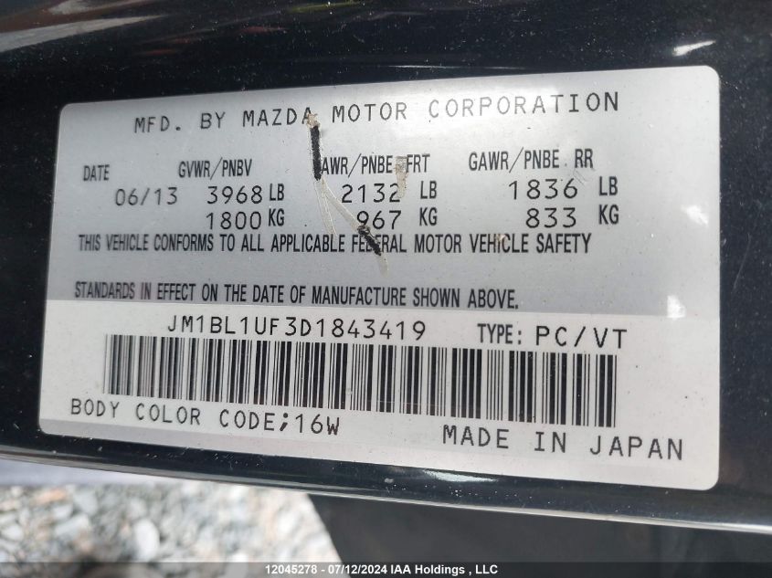2013 Mazda Mazda3 VIN: JM1BL1UF3D1843419 Lot: 12045278