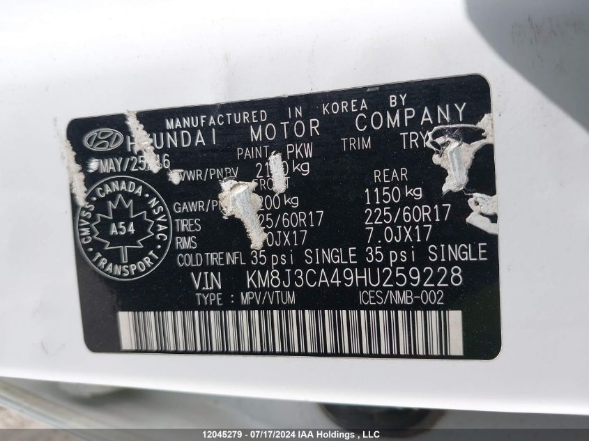 2017 Hyundai Tucson Se VIN: KM8J3CA49HU259228 Lot: 12045279