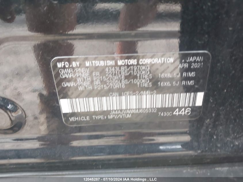 2021 Mitsubishi Rvr VIN: JA4AJVAWXMU605332 Lot: 12045287