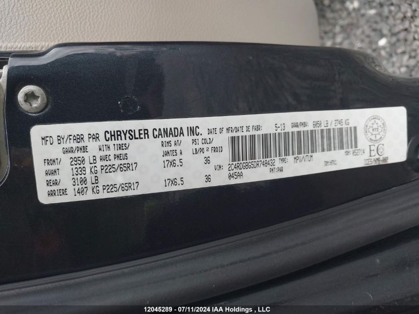 2013 Dodge Grand Caravan Se VIN: 2C4RDGBG5DR748432 Lot: 12045289