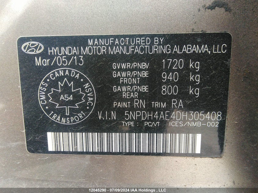 2013 Hyundai Elantra VIN: 5NPDH4AE4DH305408 Lot: 12045290