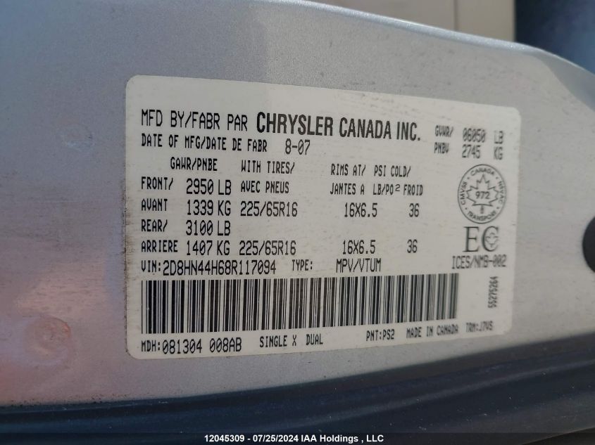 2008 Dodge Grand Caravan VIN: 2D8HN44H68R117094 Lot: 12045309