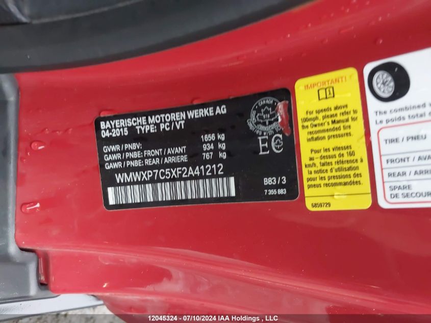 2015 Mini Cooper S VIN: WMWXP7C5XF2A41212 Lot: 12045324
