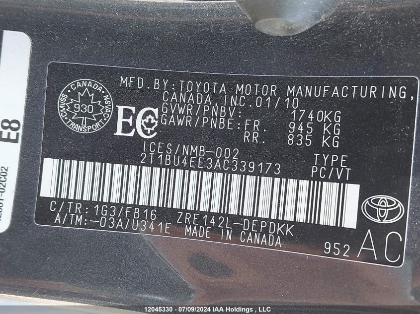 2010 Toyota Corolla S/Le/Xle VIN: 2T1BU4EE3AC339173 Lot: 12045330