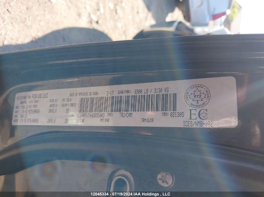 2017 Ram 1500 Laramie VIN: 1C6RR7VT4HS695003 Lot: 12045334