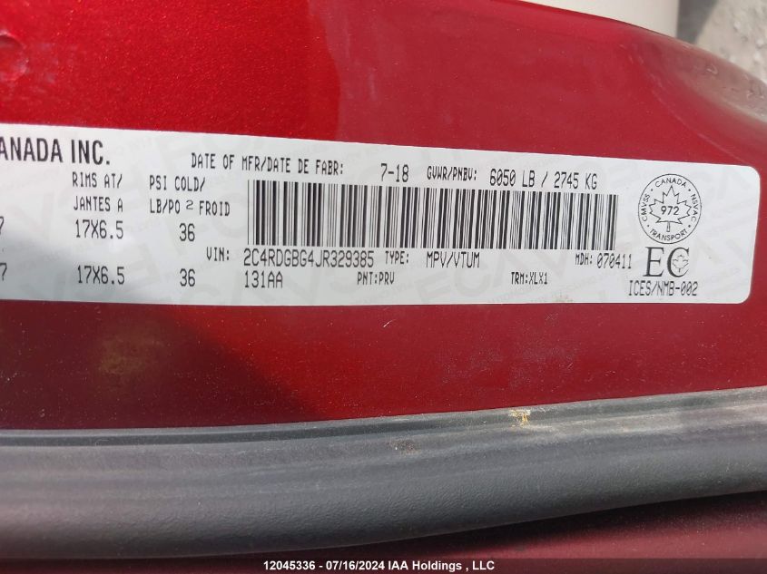 2018 Dodge Grand Caravan Se VIN: 2C4RDGBG4JR329385 Lot: 12045336