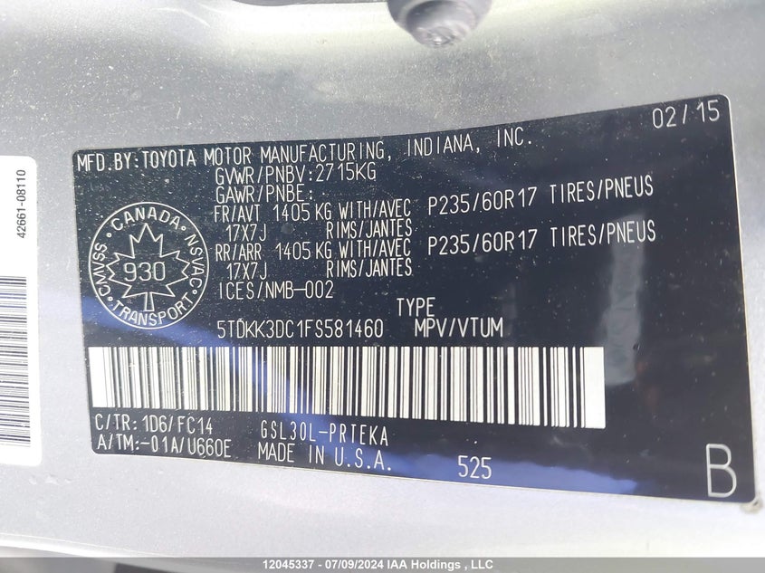 2015 Toyota Sienna Le VIN: 5TDKK3DC1FS581460 Lot: 12045337