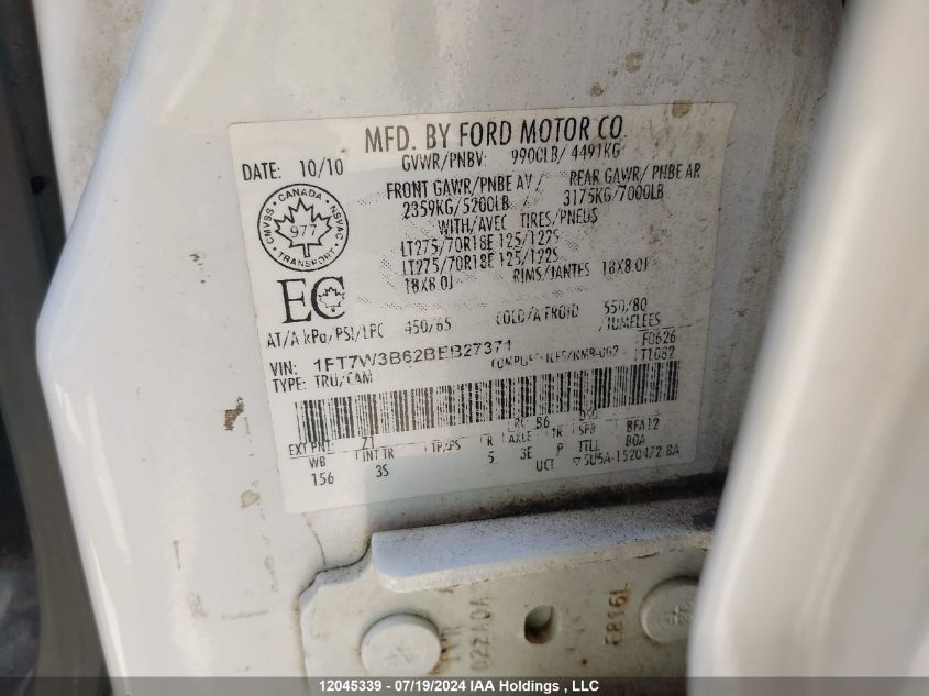 2011 Ford F350 VIN: 1FT7W3B62BEB27371 Lot: 12045339