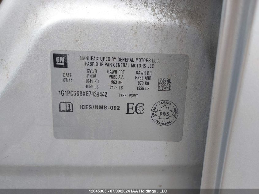 2014 Chevrolet Cruze VIN: 1G1PC5SBXE7439442 Lot: 12045363