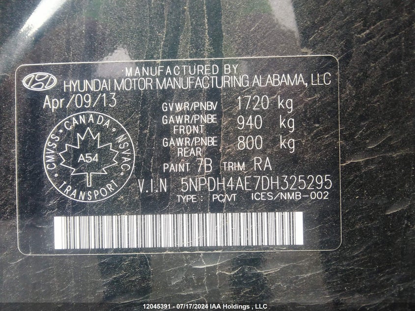 2013 Hyundai Elantra VIN: 5NPDH4AE7DH325295 Lot: 12045391