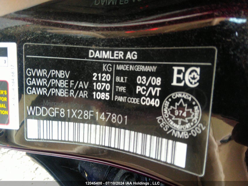 2008 Mercedes-Benz C 300 4Matic VIN: WDDGF81X28F147801 Lot: 12045400