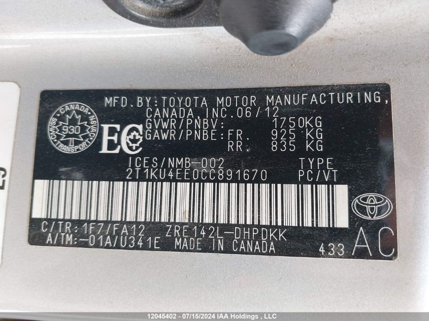 2012 Toyota Matrix VIN: 2T1KU4EE0CC891670 Lot: 12045402