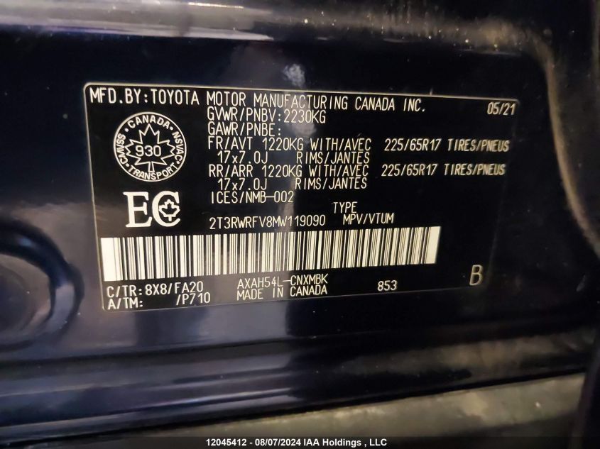 2021 Toyota Rav4 Xle VIN: 2T3RWRFV8MW119090 Lot: 12045412