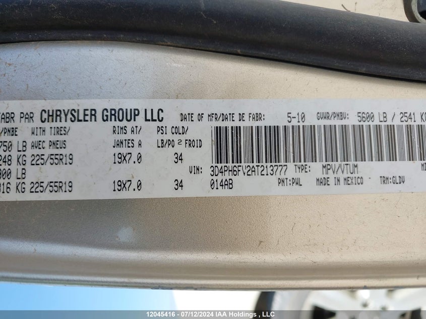 2010 Dodge Journey R/T VIN: 3D4PH6FV2AT213777 Lot: 12045416