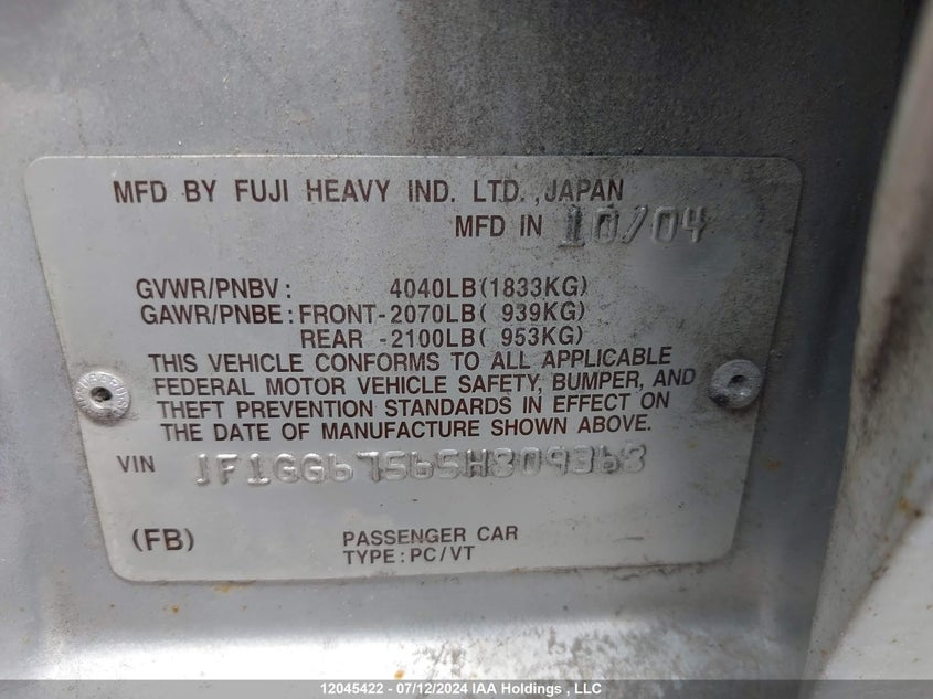 2005 Subaru Impreza Rs VIN: JF1GG67565H809368 Lot: 12045422