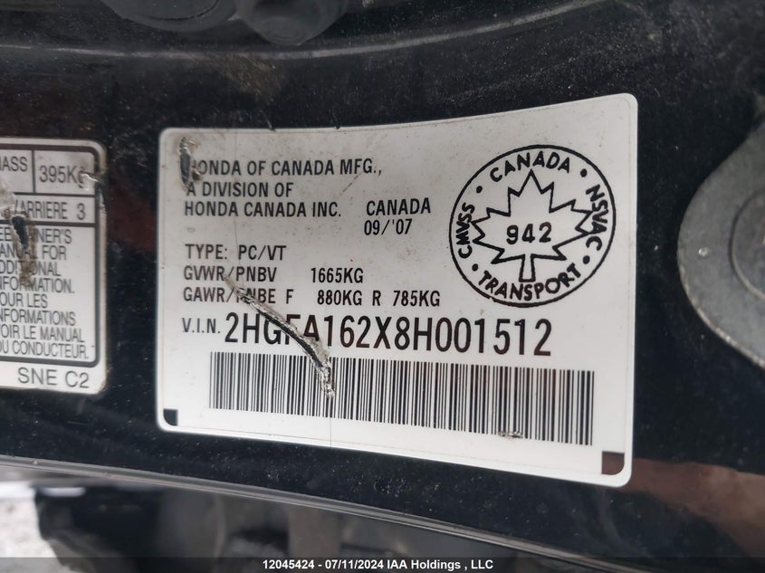 2008 Honda Civic Dx VIN: 2HGFA162X8H001512 Lot: 12045424