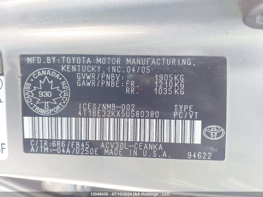 2005 Toyota Camry Le/Xle/Se VIN: 4T1BE32KX5U580380 Lot: 12045430