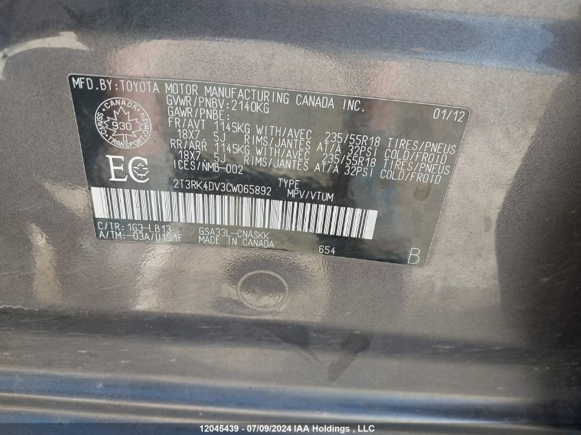 2012 Toyota Rav4 Sport V6 VIN: 2T3RK4DV3CW065892 Lot: 12045439