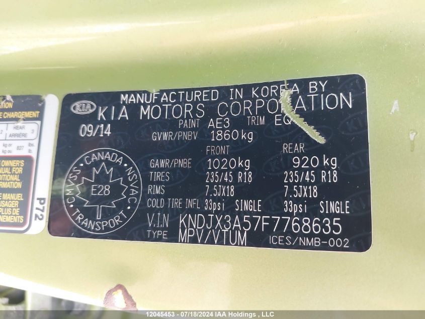 2015 Kia Soul VIN: KNDJX3A57F7768635 Lot: 12045453