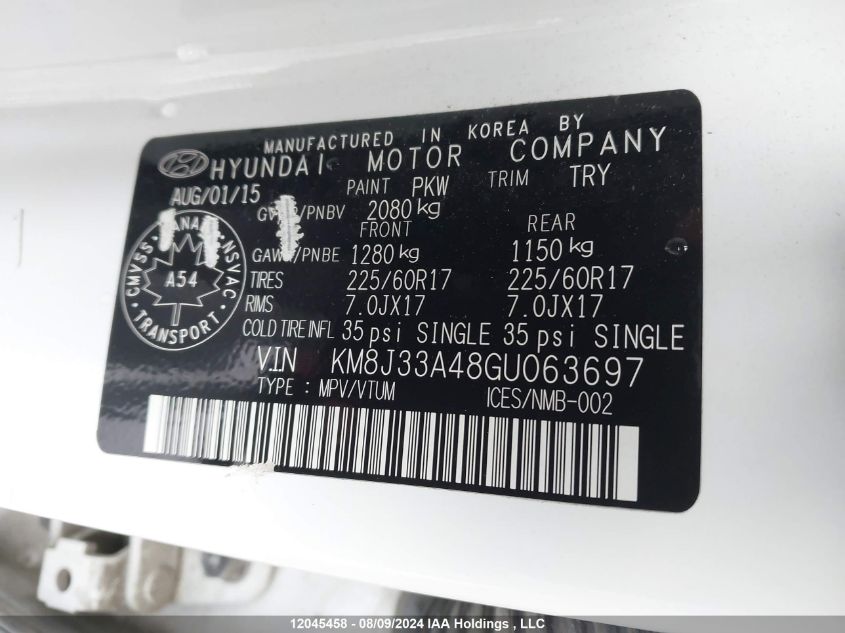 2016 Hyundai Tucson Premium VIN: KM8J33A48GU063697 Lot: 12045458