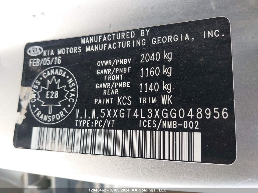 2016 Kia Optima VIN: 5XXGT4L3XGG048956 Lot: 12045462