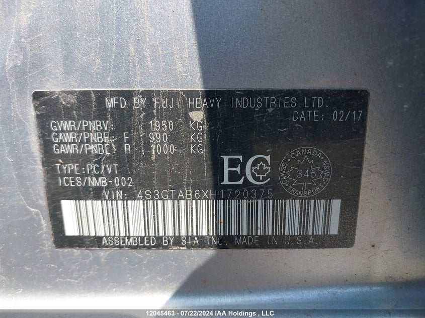 2017 Subaru Impreza VIN: 4S3GTAB6XH1720375 Lot: 12045463