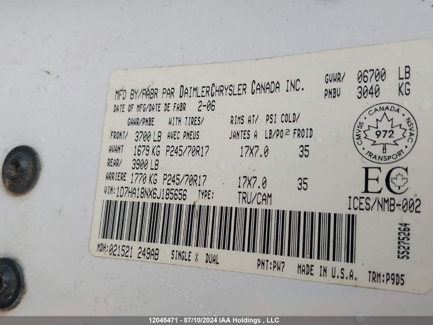 2006 Dodge Ram 1500 St/Slt VIN: 1D7HA18NX6J185656 Lot: 12045471