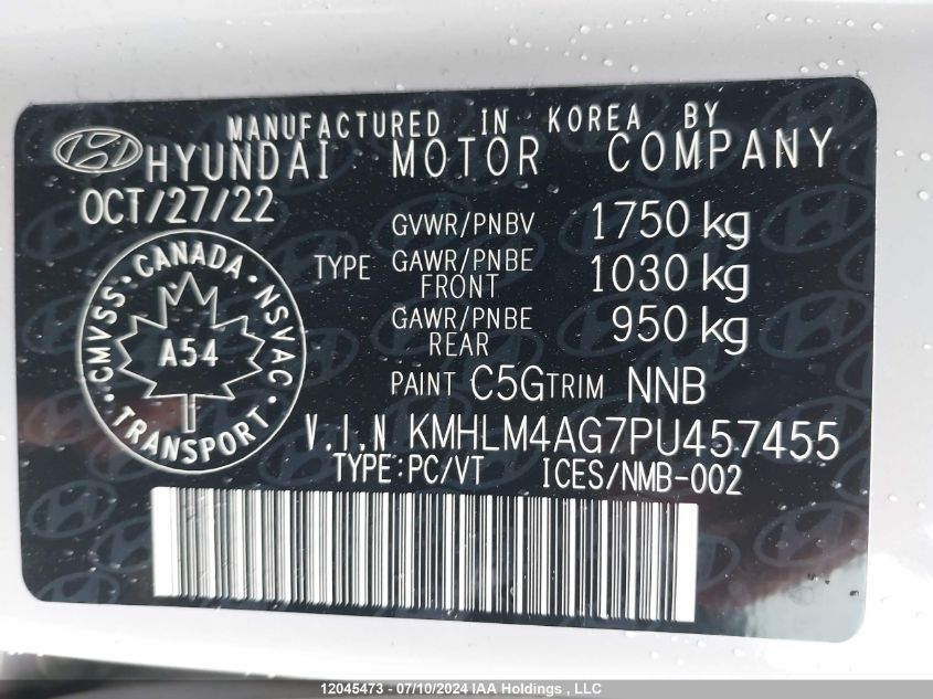 2023 Hyundai Elantra VIN: KMHLM4AG7PU457455 Lot: 12045473