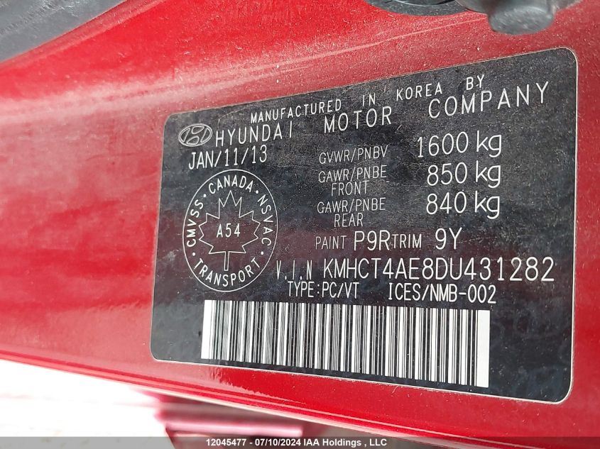 2013 Hyundai Accent Gl VIN: KMHCT4AE8DU431282 Lot: 12045477