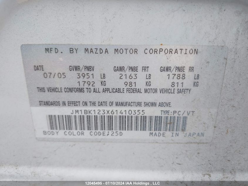 2006 Mazda Mazda3 VIN: JM1BK123X61410355 Lot: 12045495